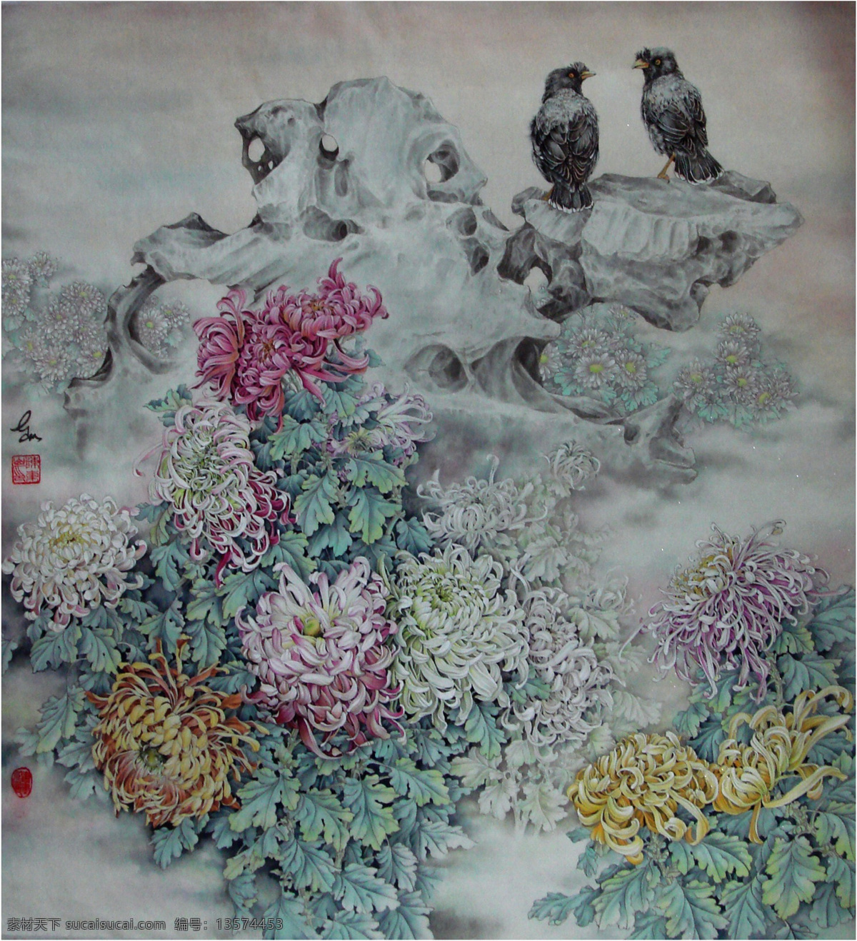 中秋图 山石 野草 菊花 绿叶 花卉 小鸟 古典 国画 陈东山 工笔 花鸟 名家工笔 绘画书法 文化艺术