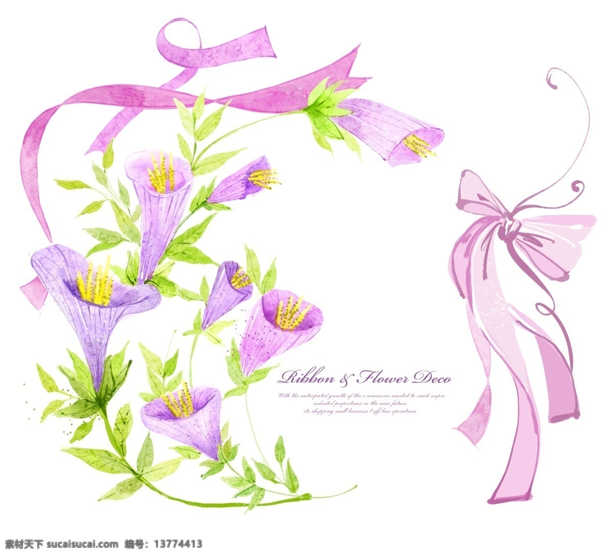 浅紫色 花朵 植物 丝带 分层 韩国素材 tua 花卉 绿叶 蝴蝶结 绿色 白色