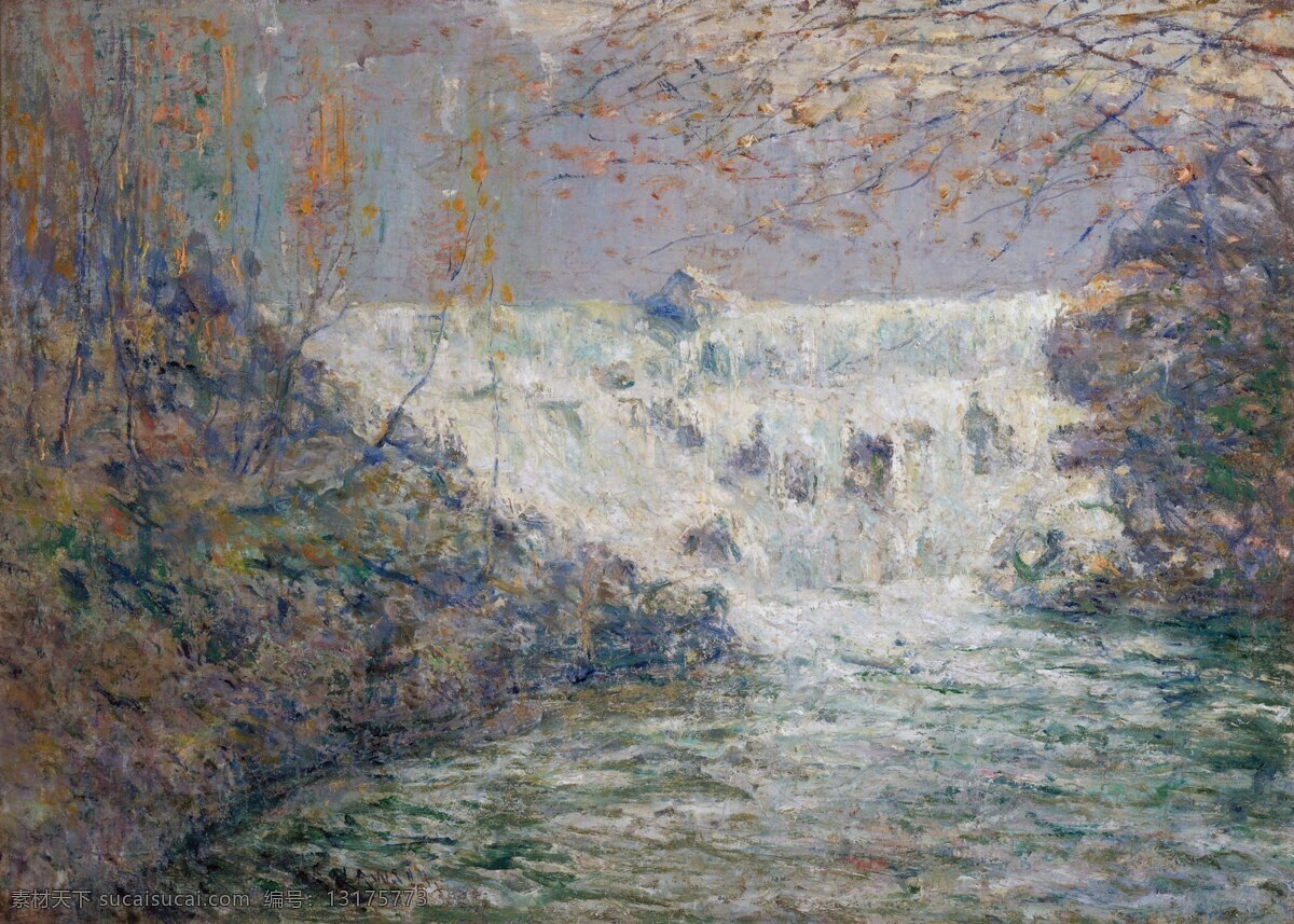 风景画 风景油画 风景 油画 模板下载 河流 绘画 绘画书法 色彩 设计素材 装饰画 水流 小瀑布 树木 文化艺术 家居装饰素材 山水风景画