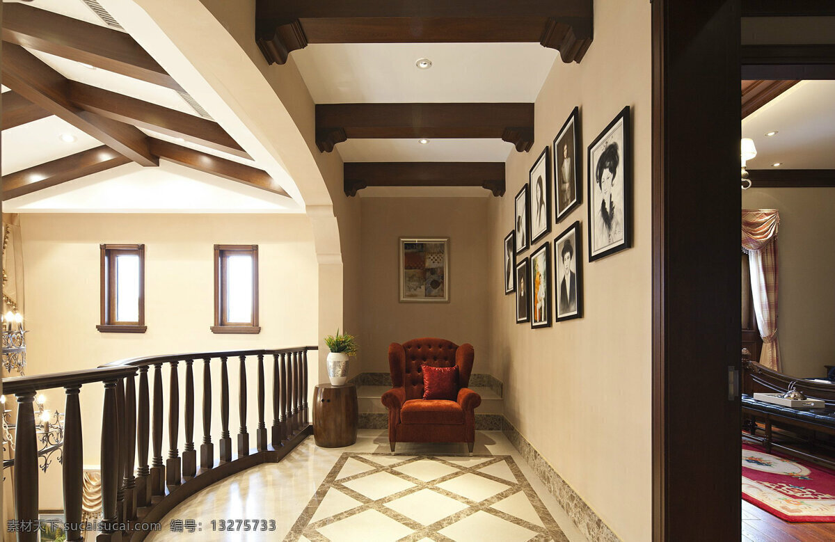 简约 楼梯 走廊 装修 效果图 壁画 灰黄色墙壁 木质吊顶 格子地板砖