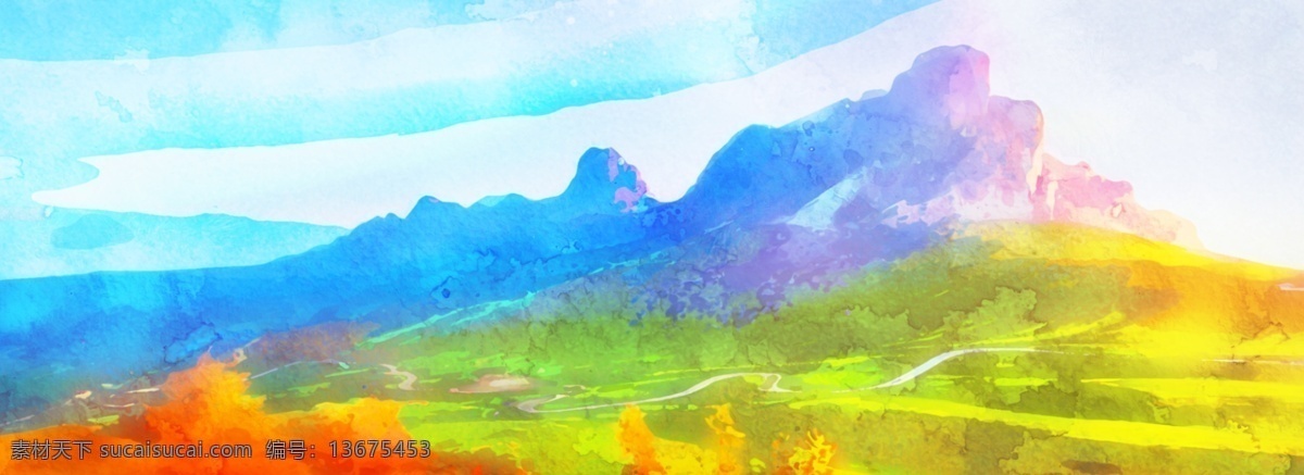 全 原创 唯美 色彩 山 景色 背景 山峰 风景 banner 水彩 水墨 彩墨 湿画笔