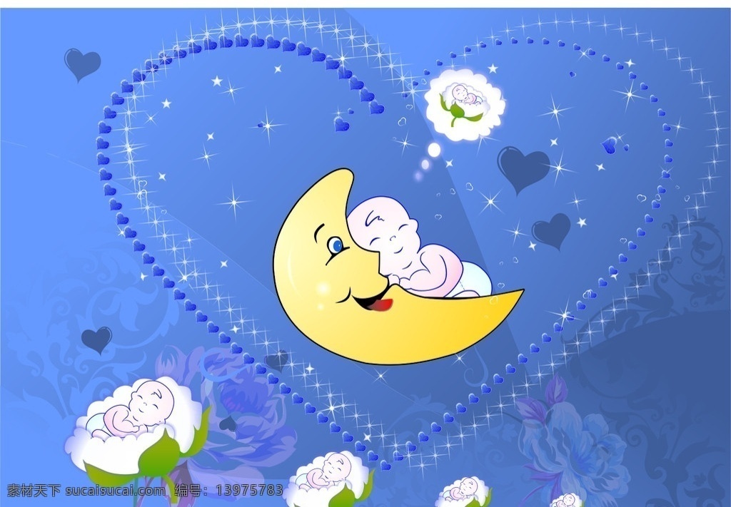 睡 月亮 中 宝宝 棉花朵 月亮婆婆 沉睡是金 儿童幼儿 矢量人物