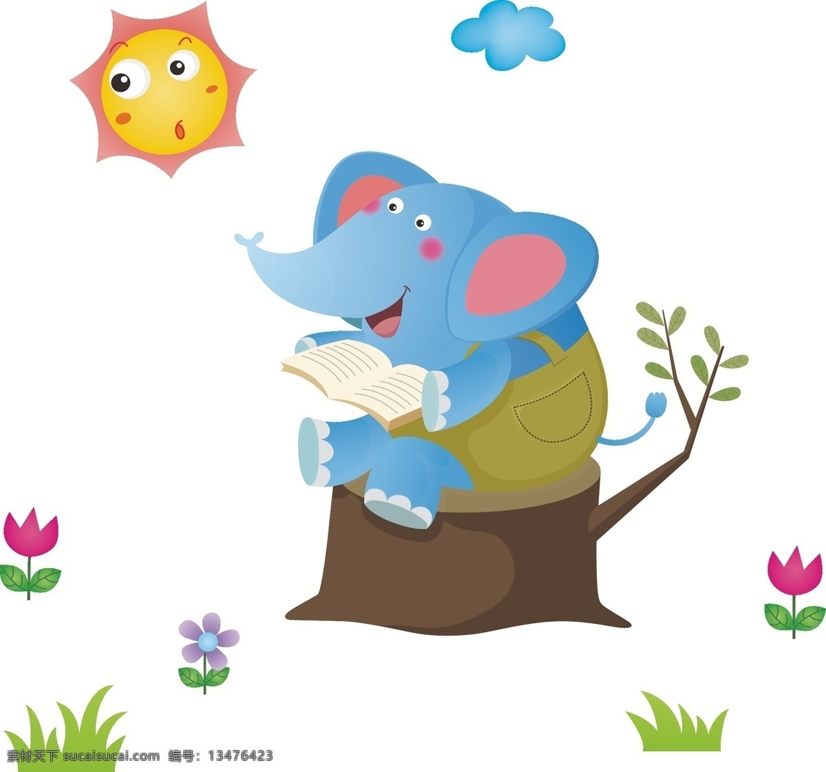 卡通 读书 大象 上学 坐在树上 可爱 太阳 小草 小花 花草小象 书本 云