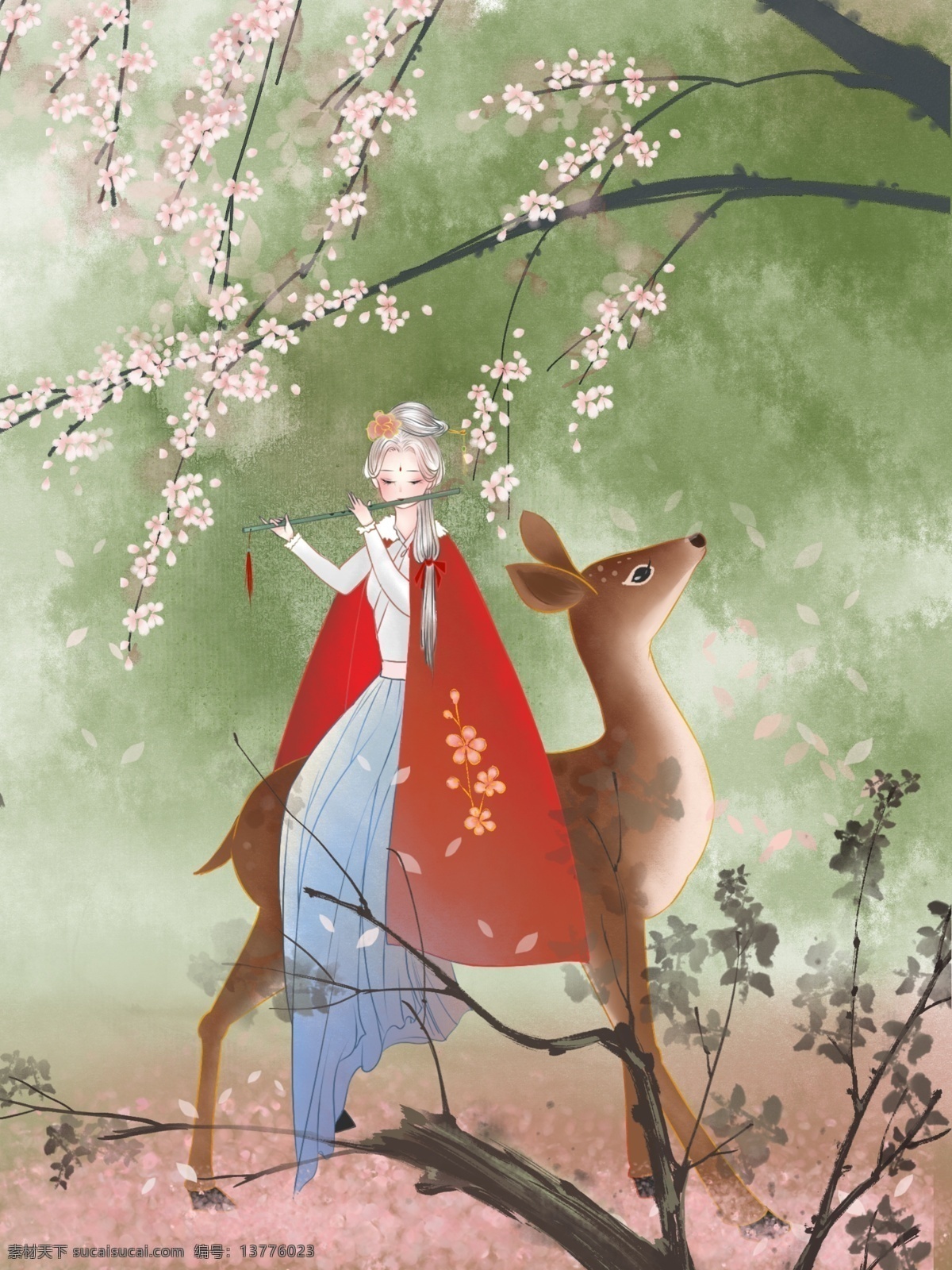 原创 中国 风 小 清新 插画 见 鹿 壁纸 中国风 古风 小鹿 桃花 汉服 斗篷 小姐姐 粉色 白发 笛子 仙