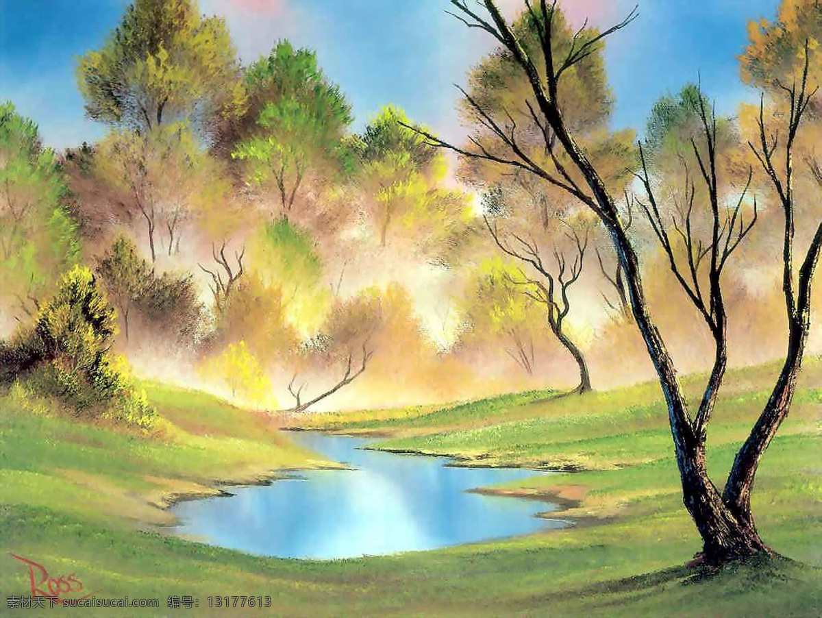 池塘边的小树 油画 池塘 白云倒影 绿草地 树丛 风景 绘画书法 文化艺术
