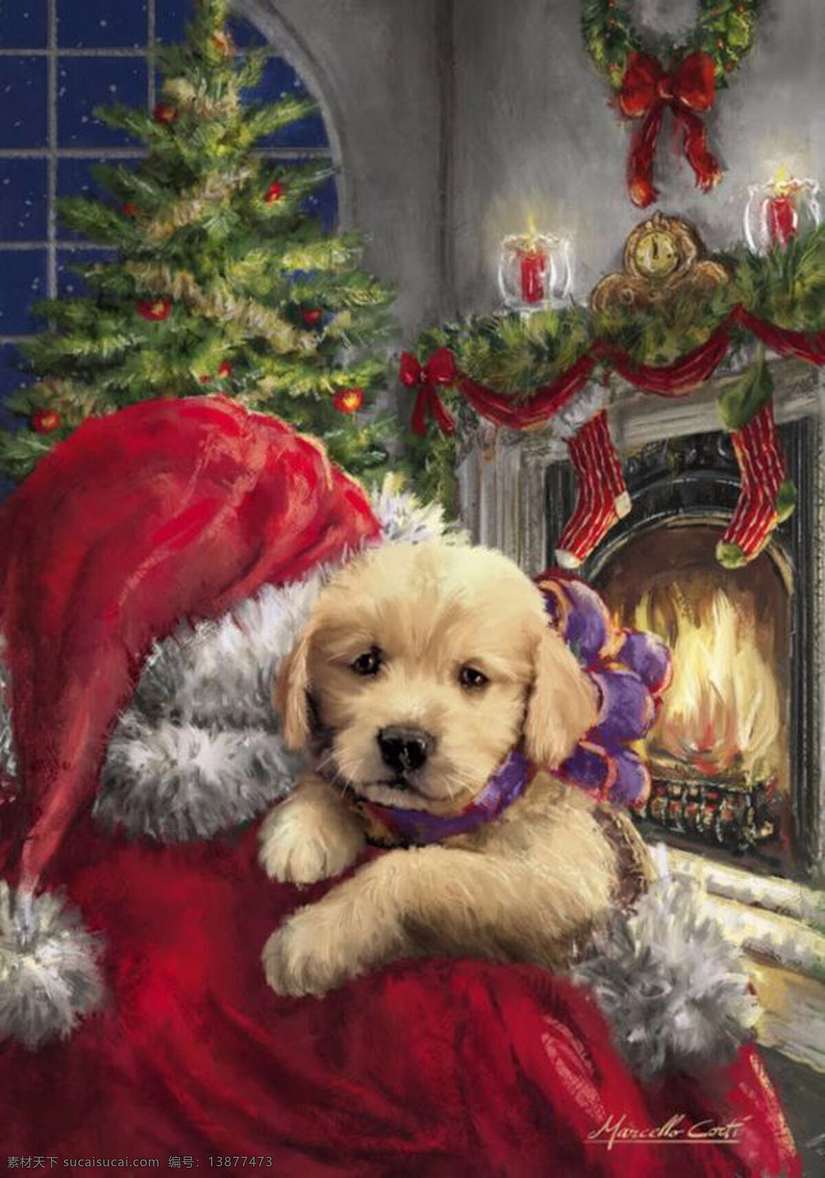 圣诞老人 手绘 金毛 小狗 圣诞树 圣诞节 人物图库