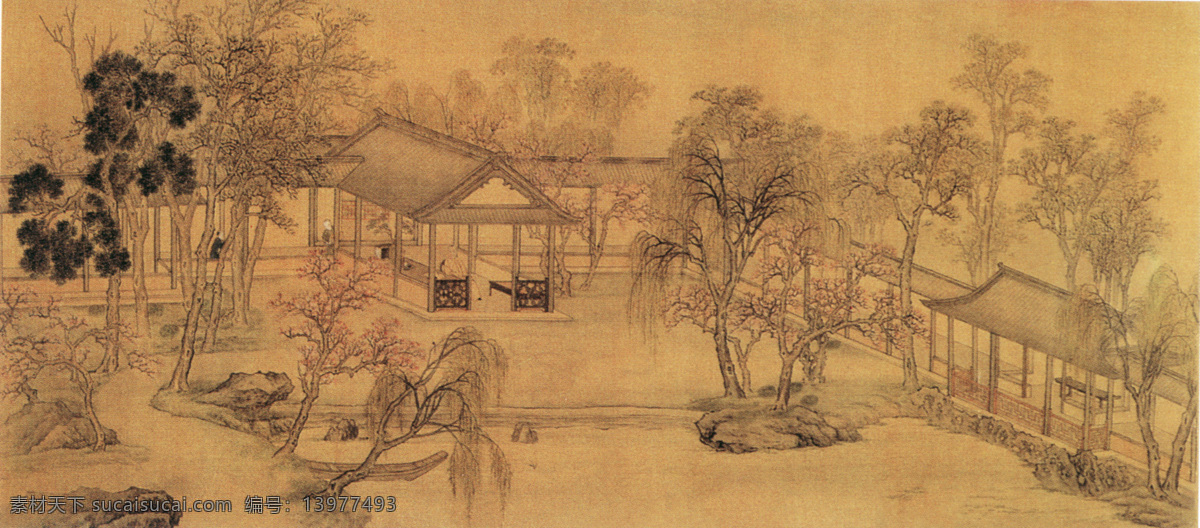 名家 王云 山水 名画 书画 休 园 图 之一 四 段 春景 长卷 古画 山水画 书画真迹 中国水墨画 休园图之一 名家王云 绢本 设色 明代扬州 休园四季景色 全卷共十二段 第四段春景 文化艺术