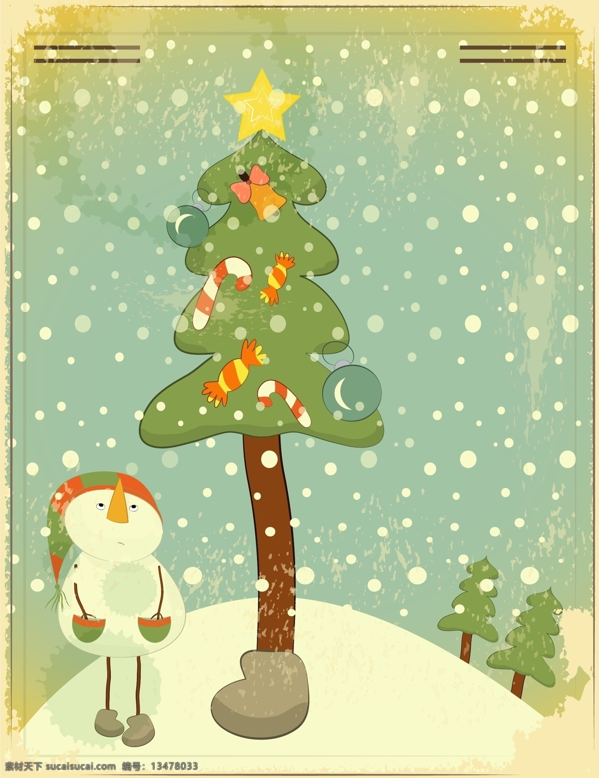 矢量 卡通 复古 雪人 松树 背景 绿色 雪地 雪花 圣诞节 海报
