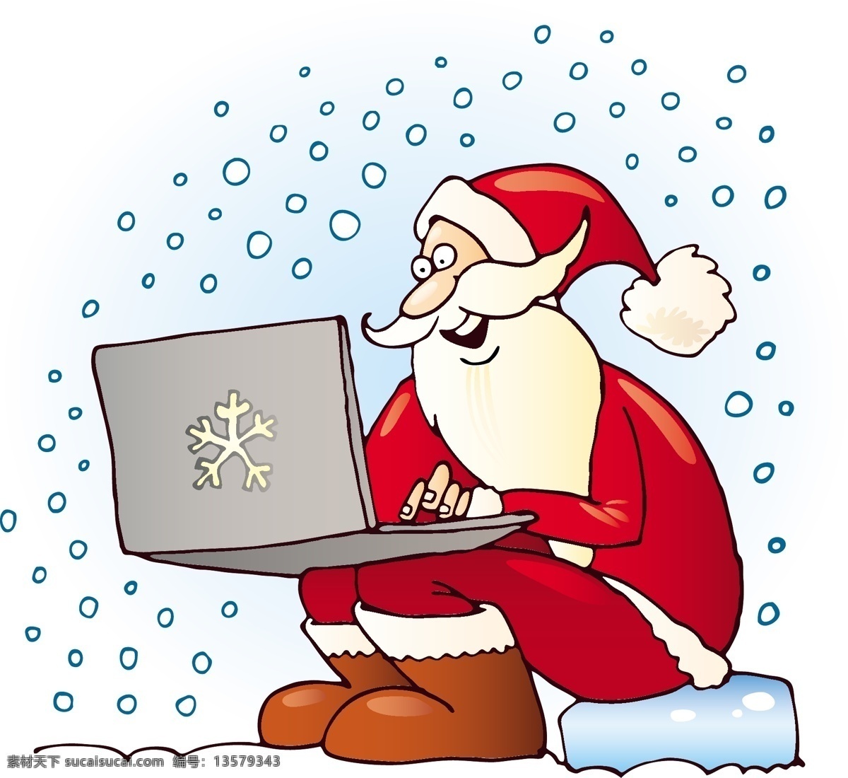 玩 笔记本 电脑 圣诞老人 坐着 笔记本电脑 雪花 圣诞节 卡通图案 时尚花纹 花纹 边框 背景图案 卡通形象 矢量人物 矢量素材 白色