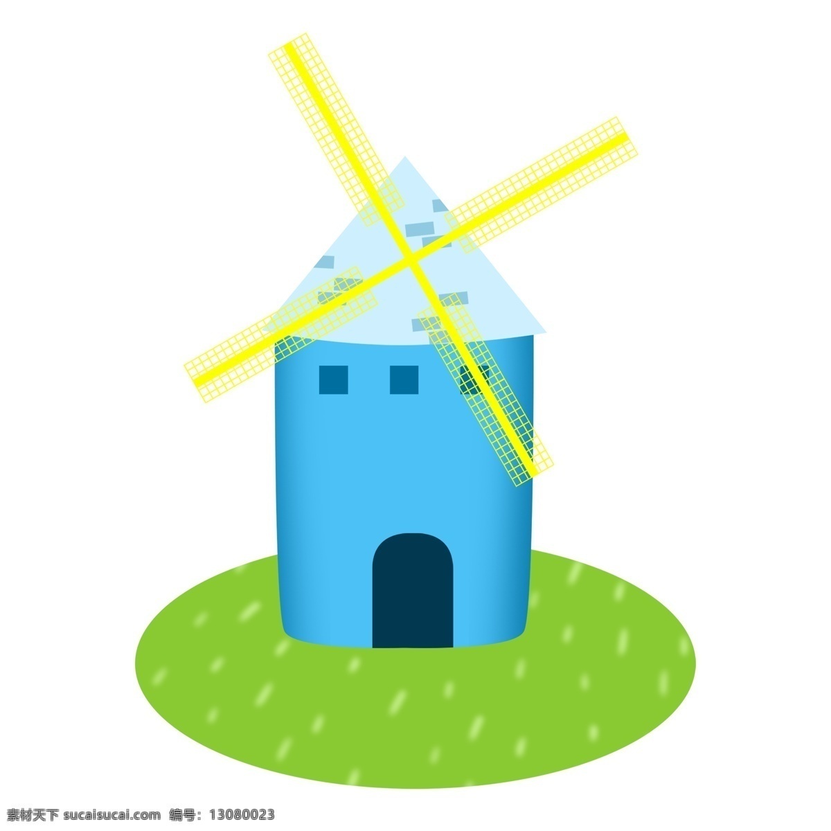 田园 风车 蓝色 手绘 卡通 欧洲 建筑 广告 广告素材