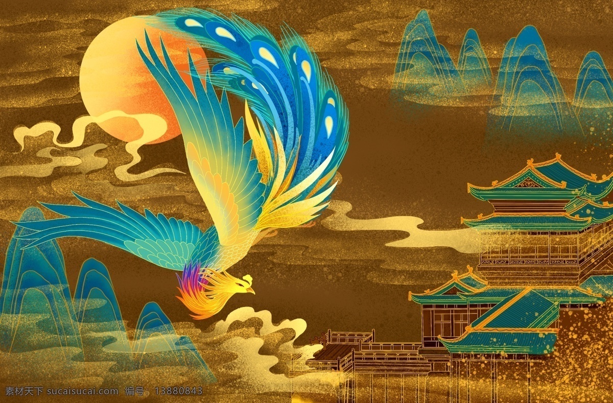 楼阁 山 云 插画凤凰