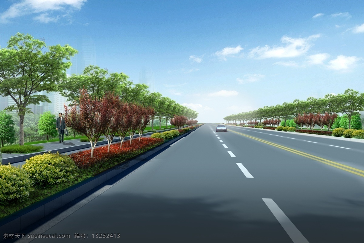 道路 景观 透视 效果图 汽车 行道树 栾树 紫叶李 红叶李 红叶石楠 海桐球 双向四车道 金桂 桂花 四季桂 人行道 树池 源文件库 环境设计