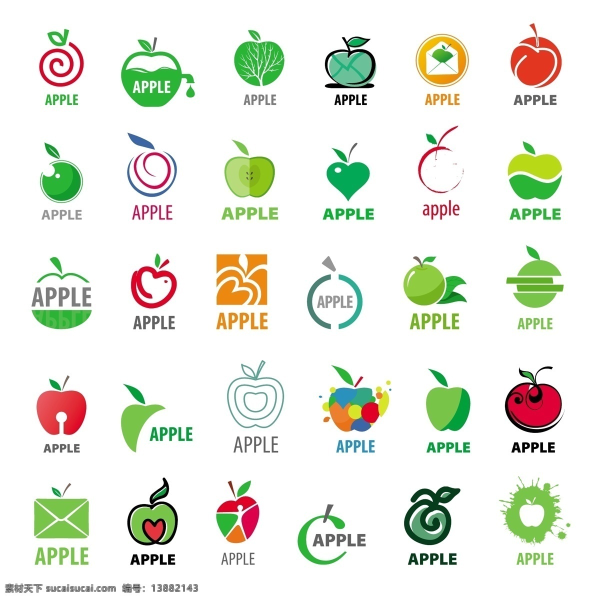 绿色 苹果 标志 合集 矢量 曲线 线条 彩色 色块 图标 图形 白色