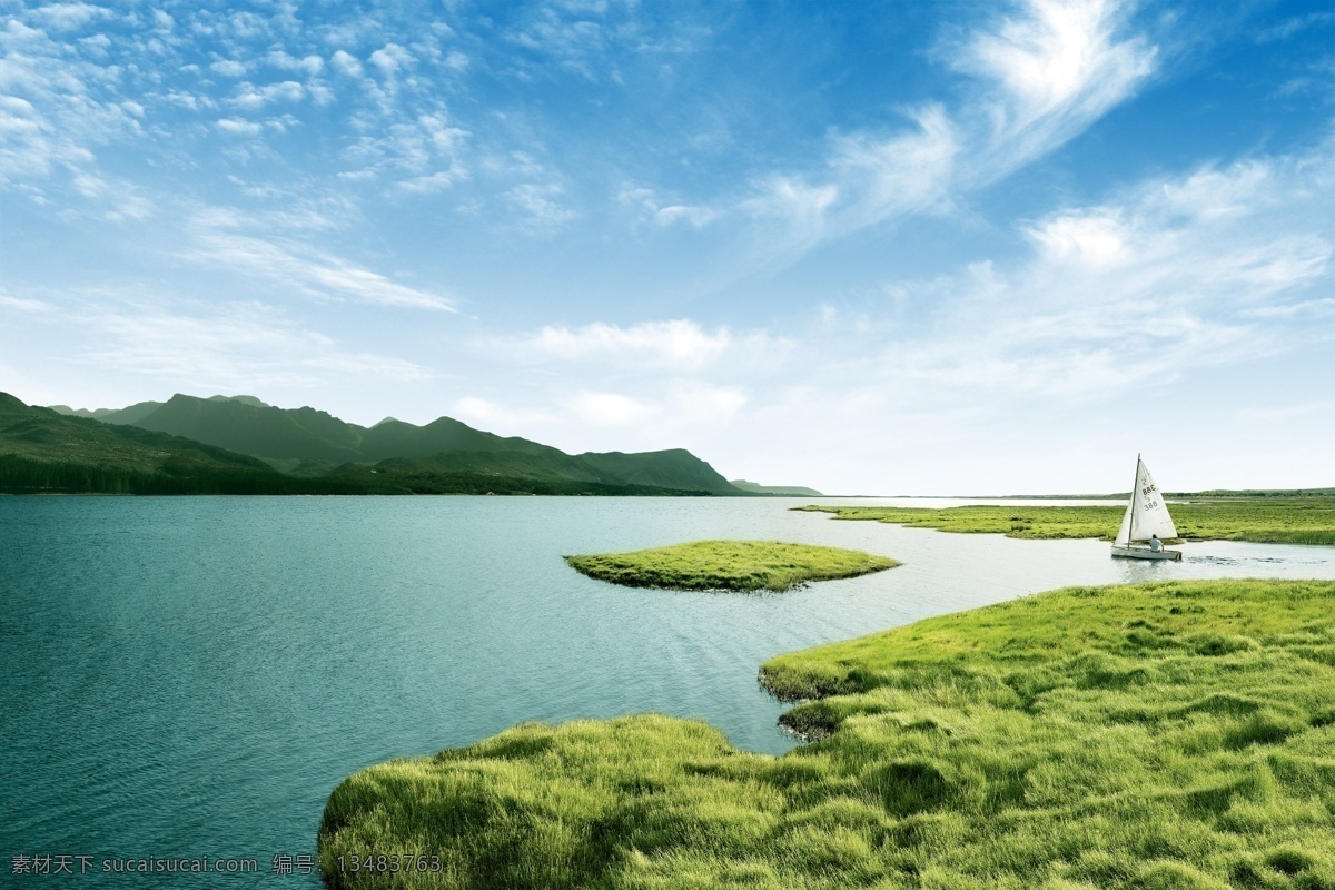 风景 蓝天 白云 河水 绿草地 文化艺术