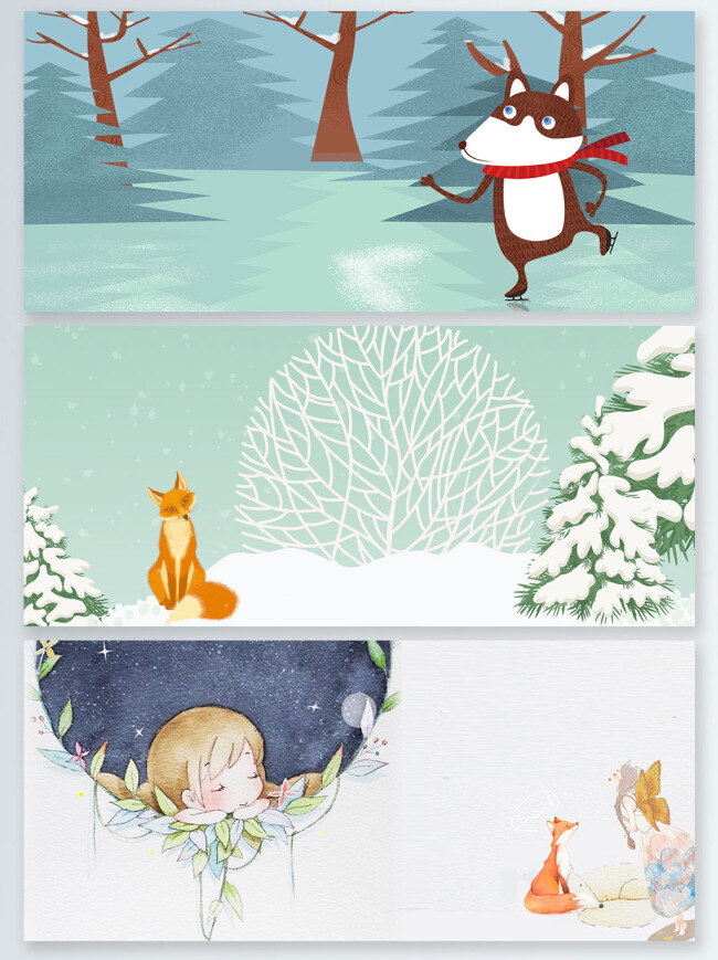 文艺 简约 卡通 狐狸 绿色 淘宝 灰色 banner 背景 雪花 天猫 促销 小清新 冬天 少女 折扣 手绘 优惠 小狐狸