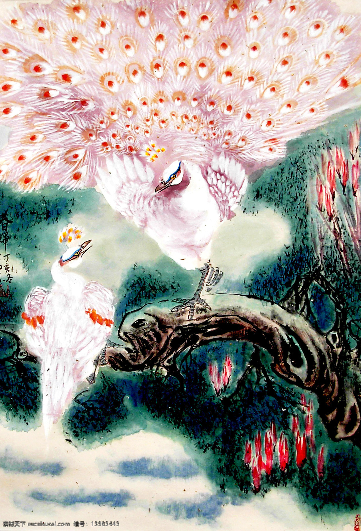 白孔雀 彩墨画 国画艺术 花木 花鸟画 绘画 绘画书法 孔雀 春归 美术 中国画 鸟 树木 书法 印章 国画集41 文化艺术 装饰素材 雕刻 图案