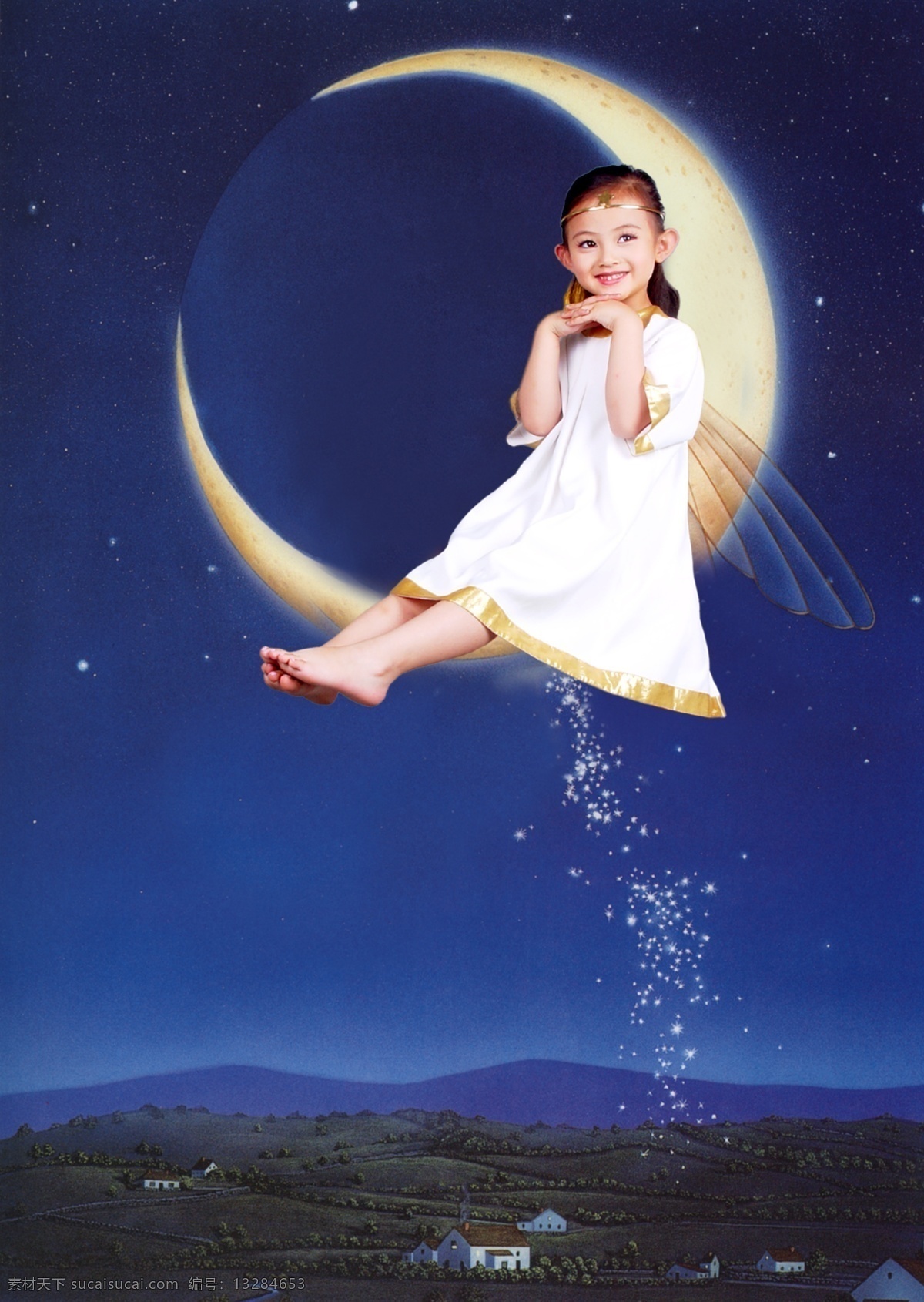 美丽 月亮 夜空 儿童 梦想 psd源文件