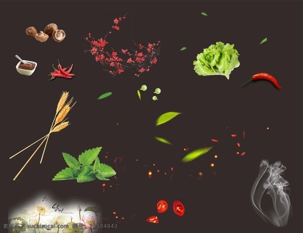小素材 蘑菇 辣椒 青菜 小麦 薄荷 荷花 花 作料 生菜 热气 树叶 叶子 背景 广告 招贴海报