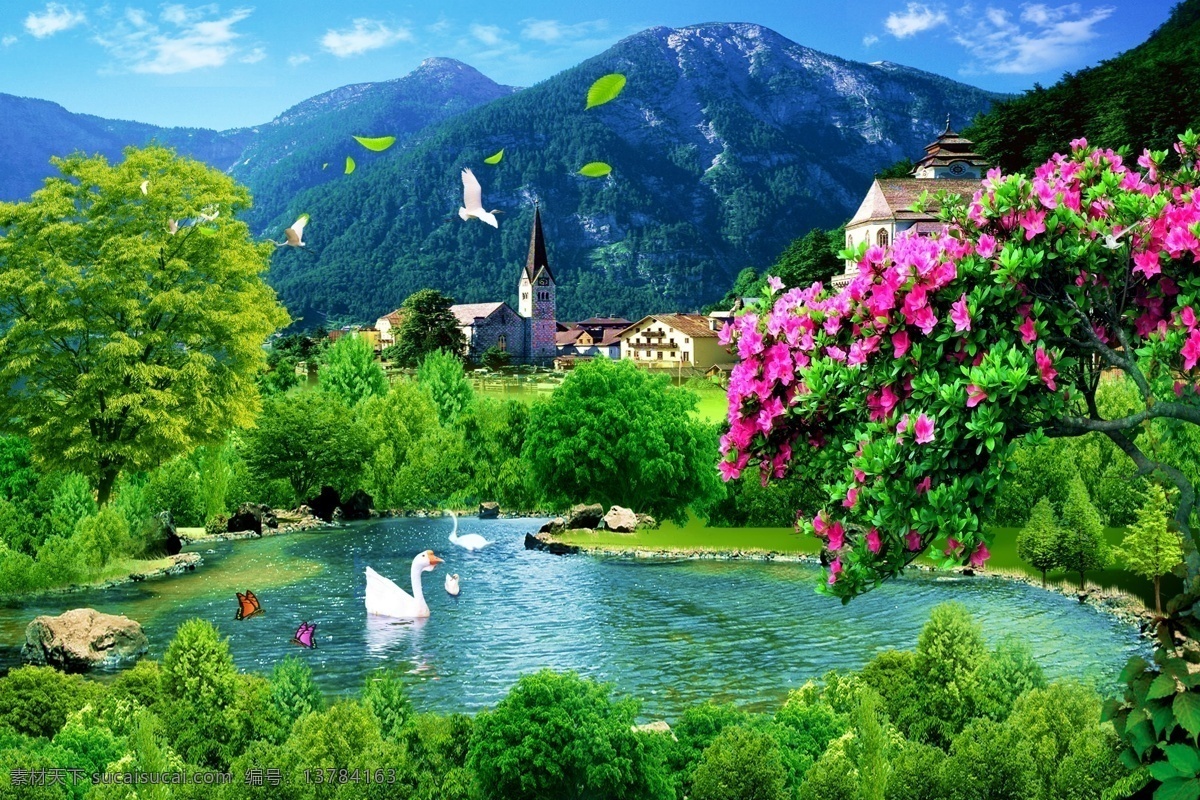 世外桃源 人间仙镜 人间美景 人间天堂 世外桃园 大自然 美景 湖水 清湖 清静的湖水 水 小鸟 鸟 远山 青山绿水 花 花朵 花儿 红花 小树 白鹅 蝴蝶 树叶 绿色 清泉 泉水 湖面 水面 树木 大树 树枝 绿树 青山 高山 群山 山峰 蓝天 白云 飘叶 房子 民房 花草树木 装饰画 风景模板 山水画 风景 分层 源文件