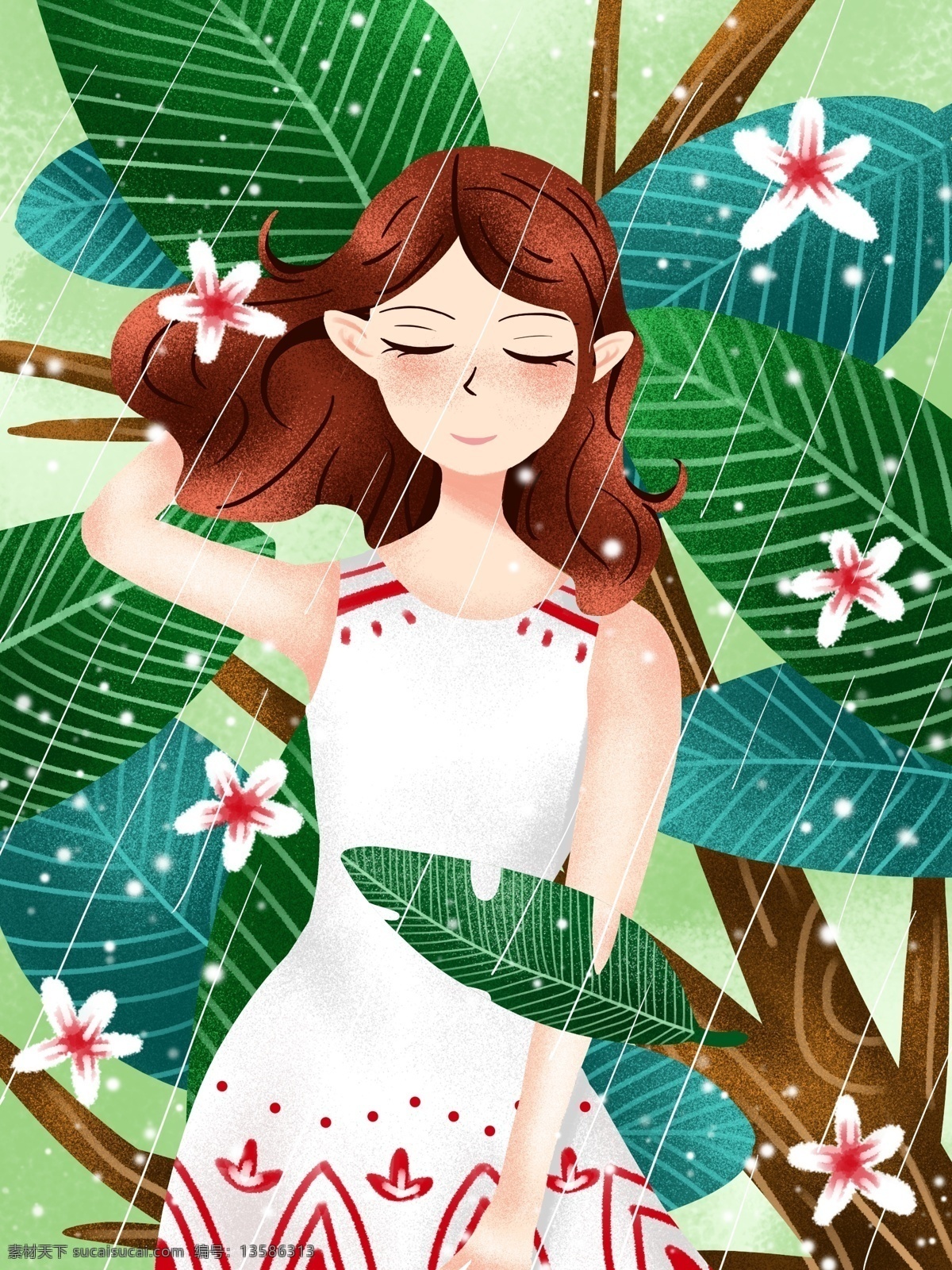 谷雨 节气 雨 中 女孩 节日 植物 叶子 花 小清新 树枝 精灵
