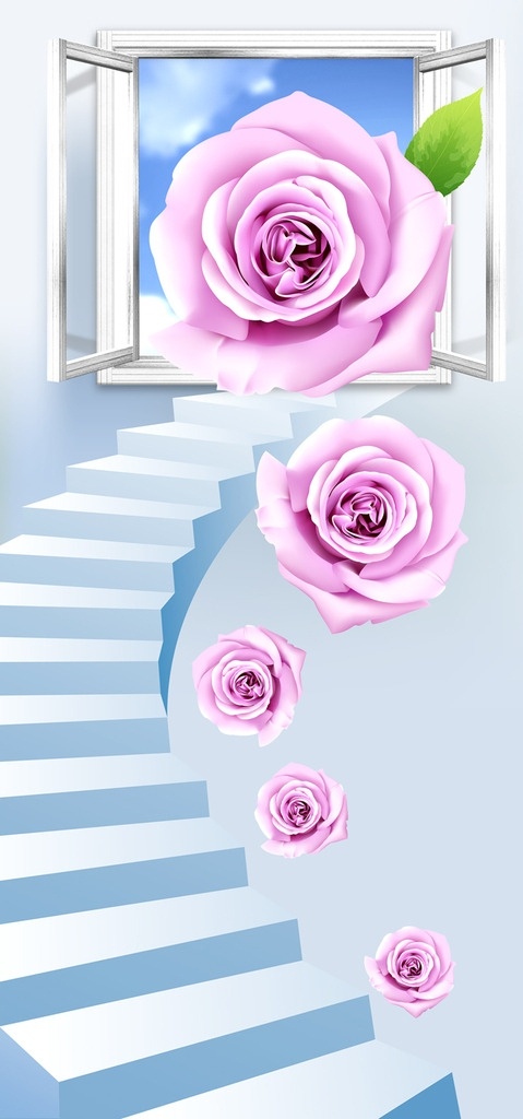3d 时尚 楼梯 玫瑰花 玄关 背景 墙 壁纸 壁画 玄关背景墙 分层