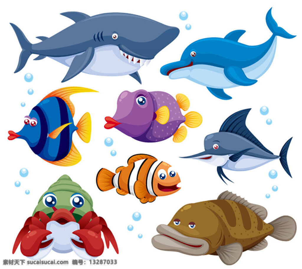 可爱 卡通 海洋 动物 矢量 插图 海豚 海洋生物 鲸鱼 矢量素材 蟹 比目鱼