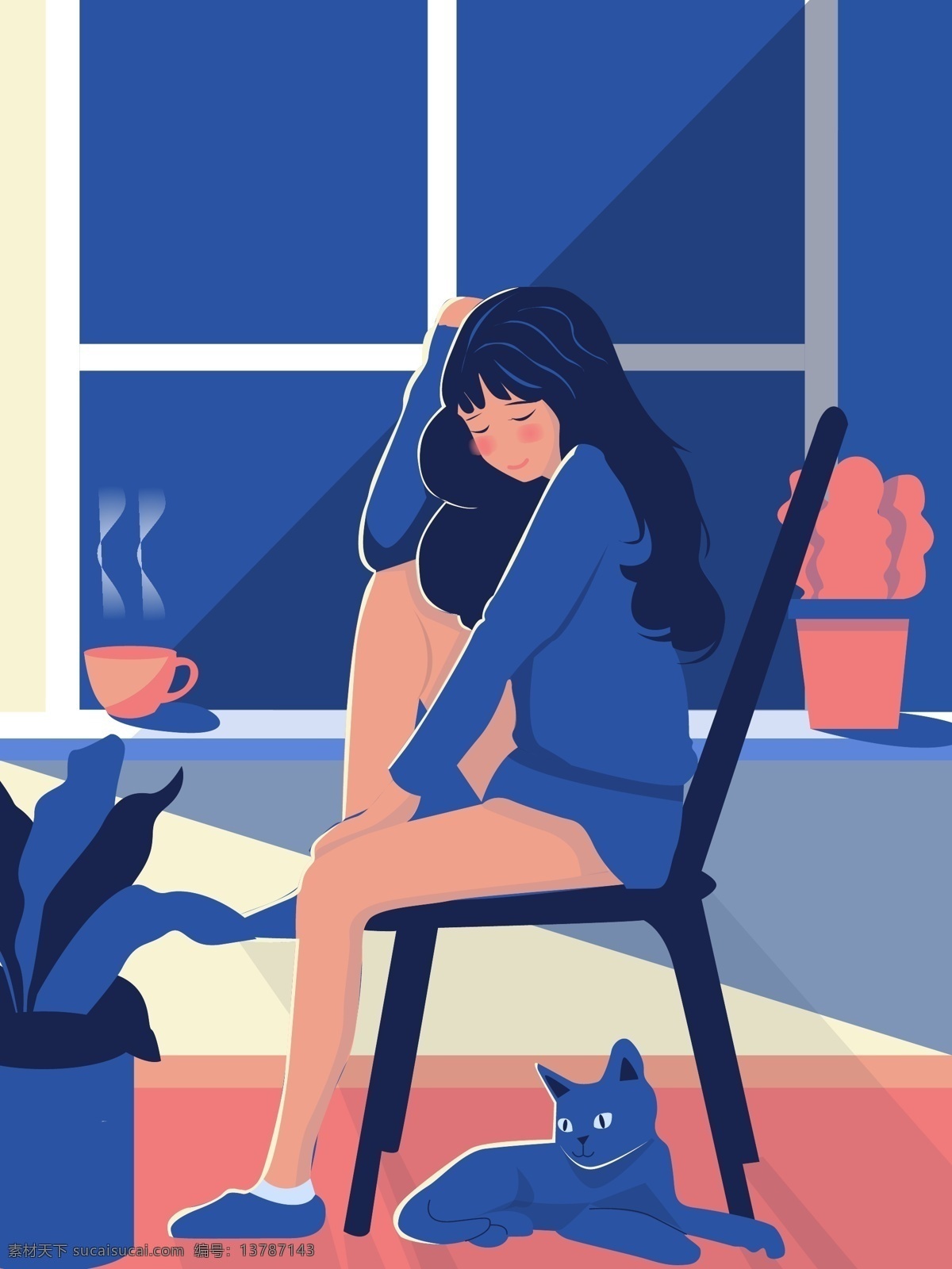 原创 手绘 插画 趋势 中世纪 现代主义 女孩 夜晚 猫 盆景 原创手绘插画 现代主义插画