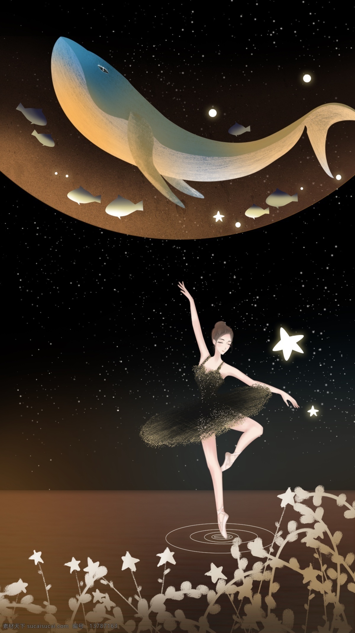 女孩 跳舞 黑色 背景 图 蓝鲸 黑色星空 星空 月亮