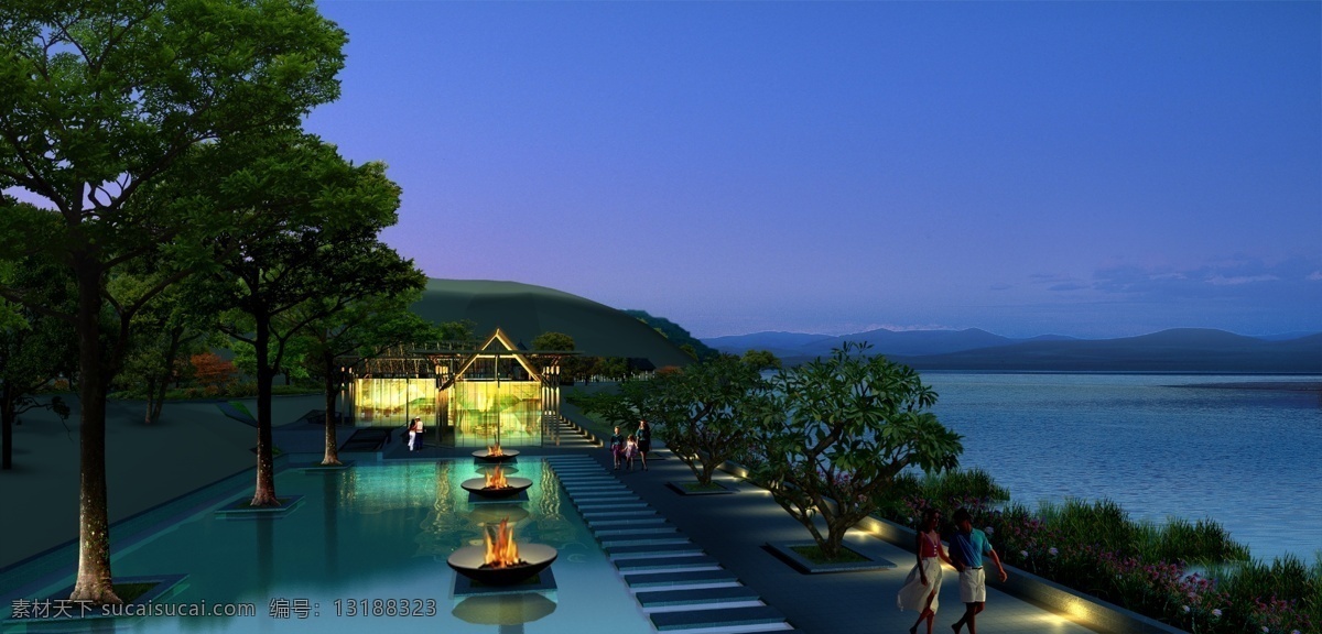 海边 休闲 夜景 草地 池塘 灯光效果 房屋 建筑物 树木 装饰素材 园林景观设计