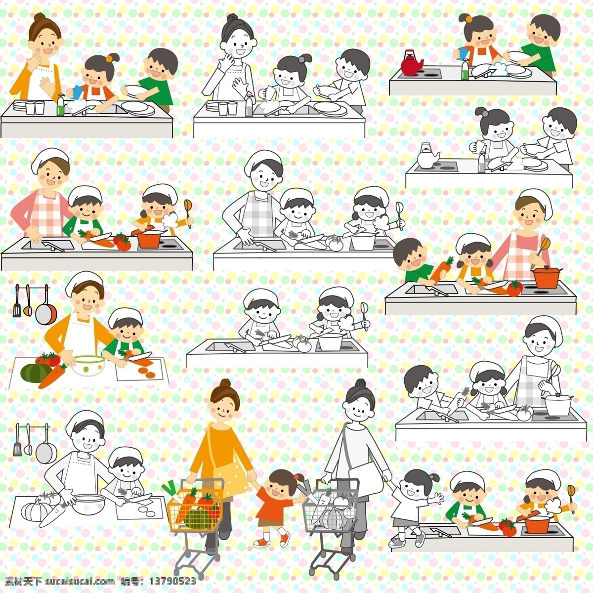 儿童做家务 儿童 卡通 可爱 做家务 劳动 洗完 洗菜 做饭 购物 分层 源文件