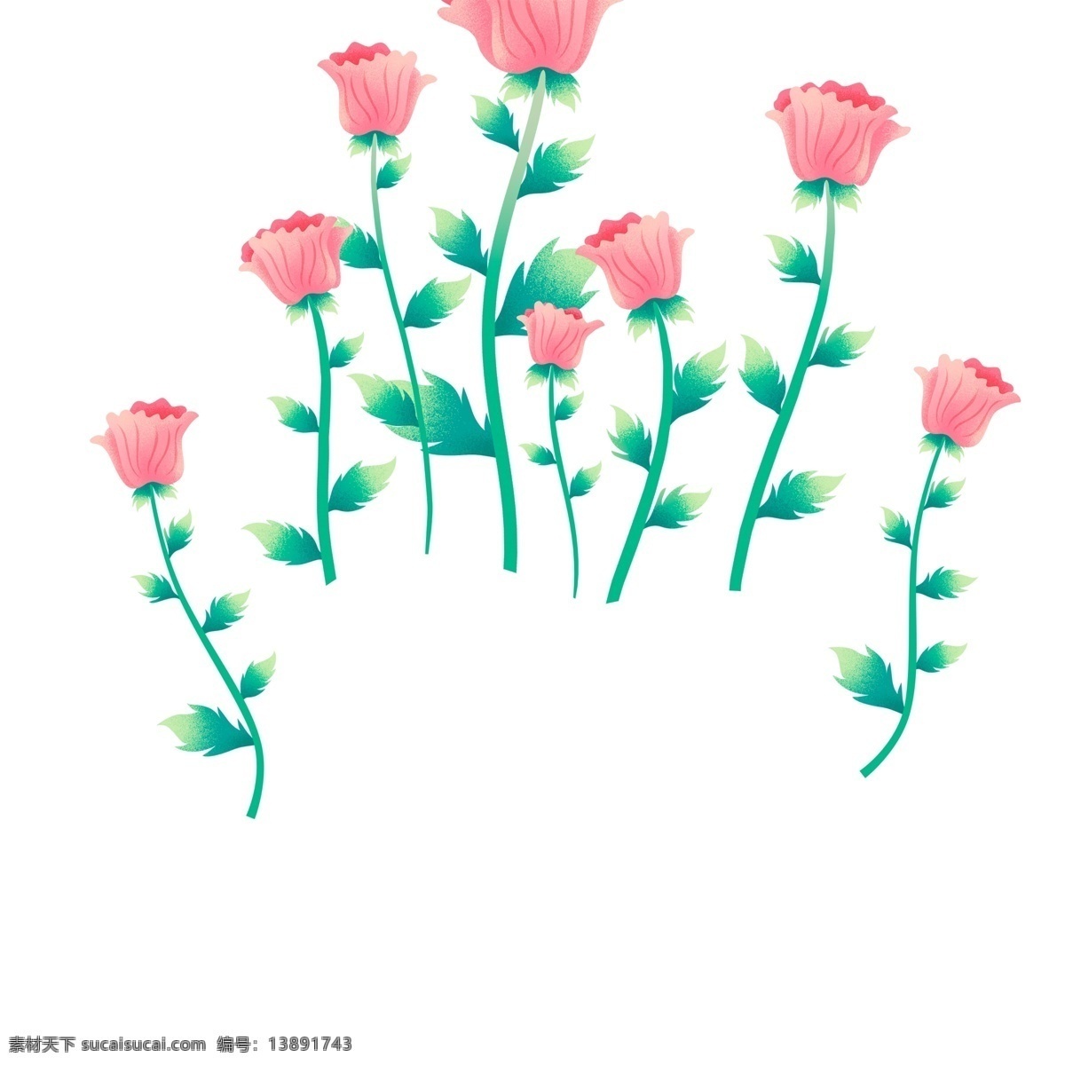 鲜花 花朵 植物 装饰 粉色 绿叶 玫瑰花 卡通 彩色 小清新 创意 手绘 绘画元素 现代 简约 图案