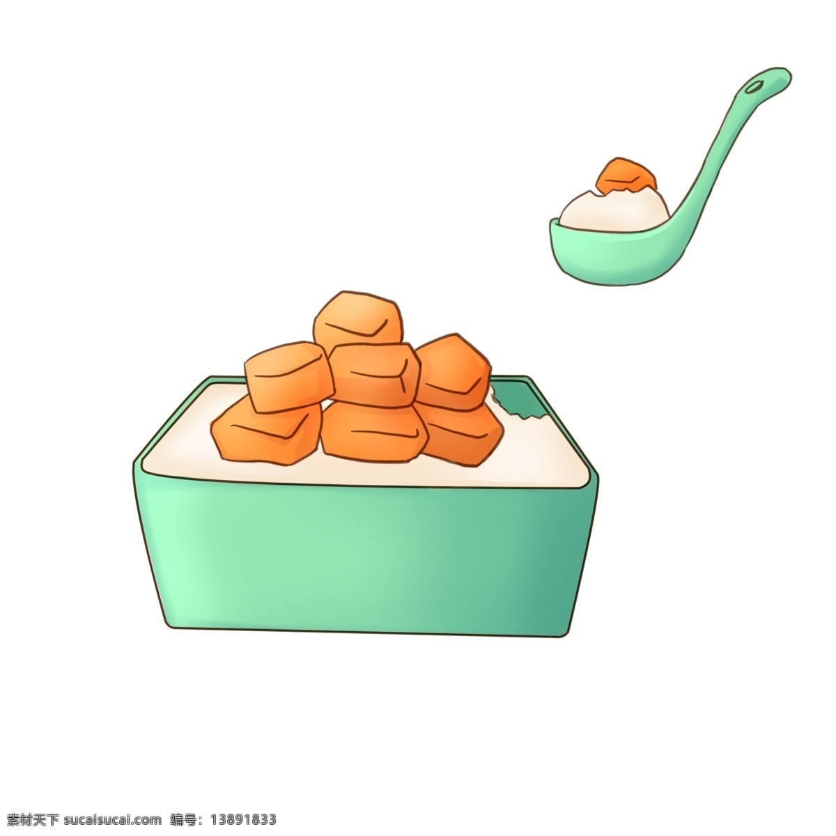 芒果 双 皮 奶 甜品 插图 黄色芒果插图 绿色盒子 绿色勺子 勺子插图 简约设计 平面设计 图案插画
