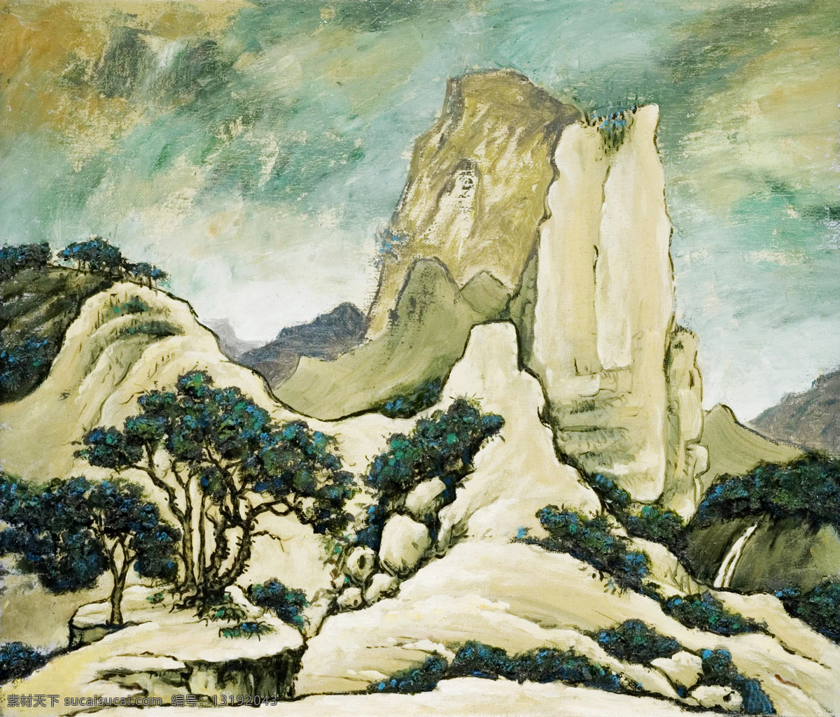 风景油画 绘画 绘画书法 美术 瀑布 山地 山景 山岭 油画 山野 树木 石头 油画艺术 油画作品18 文化艺术