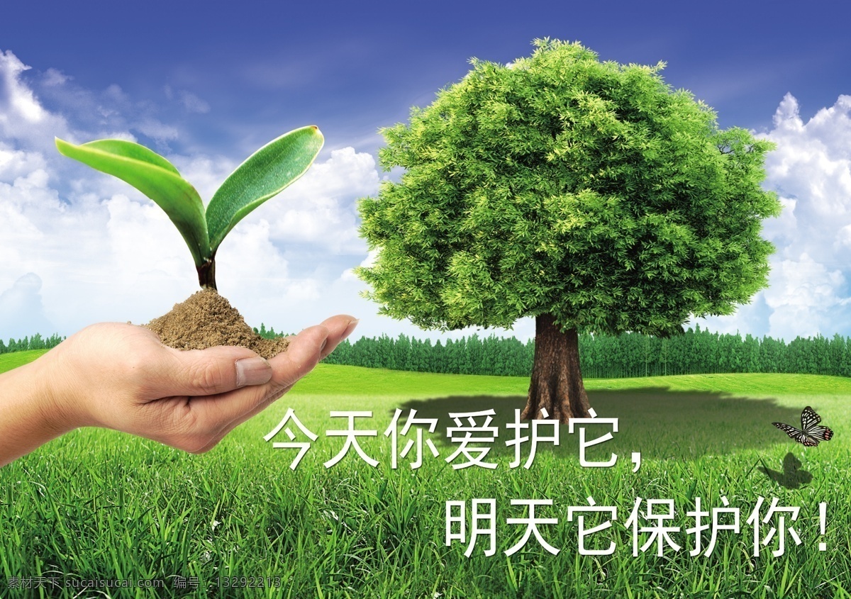 环保 保护植被 环保公益海报 大树 树苗 草地 手 蓝天白云 分层 源文件