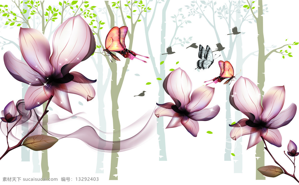 树林 蝴蝶 装饰画 黑白花朵 水墨