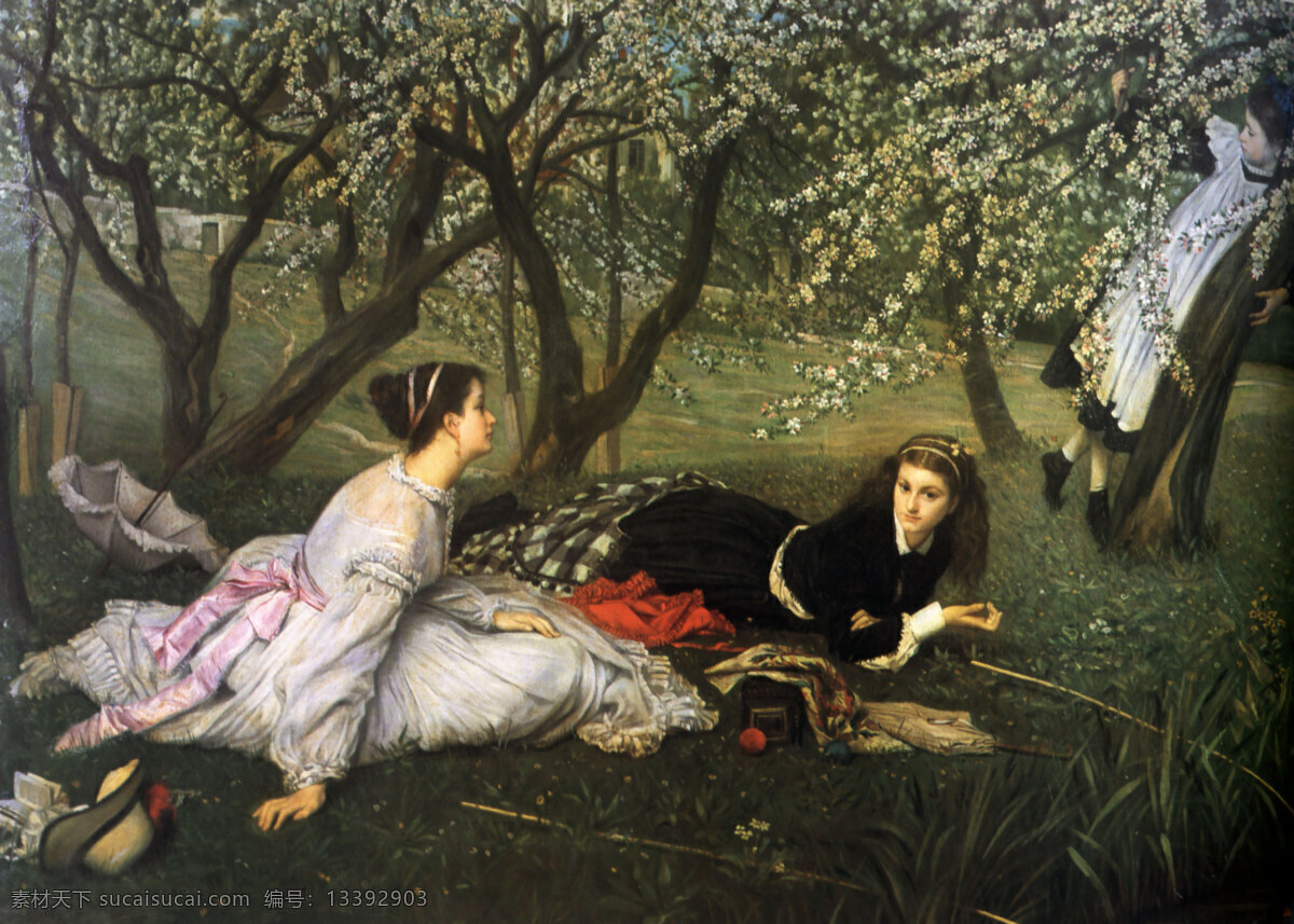 春天 詹姆斯 蒂梭特 女人 女士 贵妇 花园 草地 世界名画 西洋油画 绘画书法 文化艺术 人物