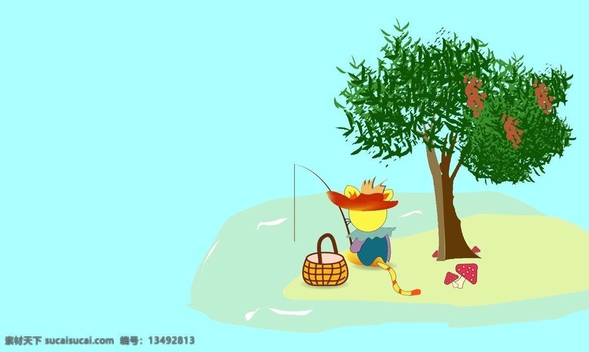 猫咪 钓鱼 卡通 插画 岛上 矢量 插图