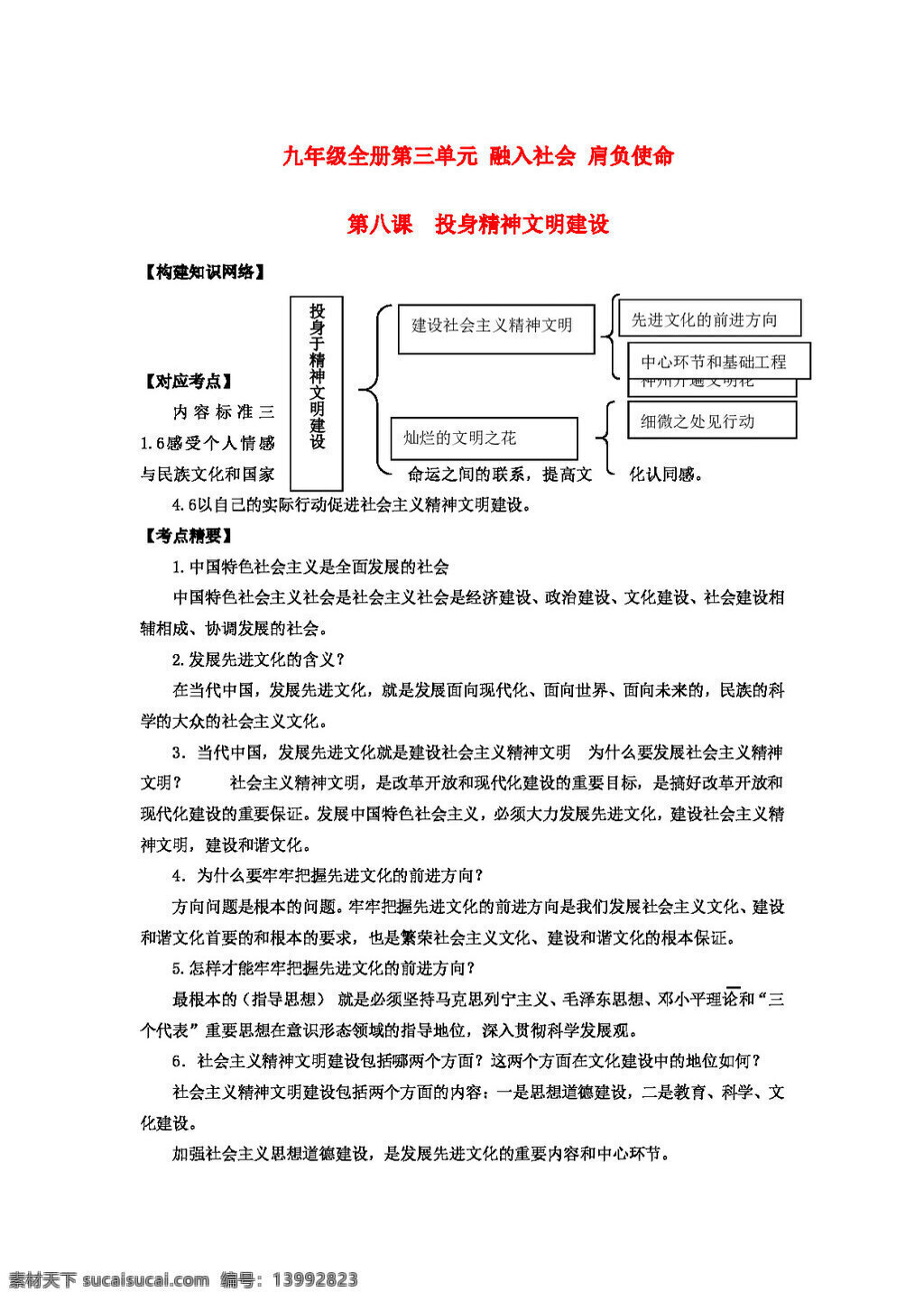 中考 专区 思想 品德 政治学 案 九 年级 八 课 投身 精神文明 建设 思想品德 学案 中考专区