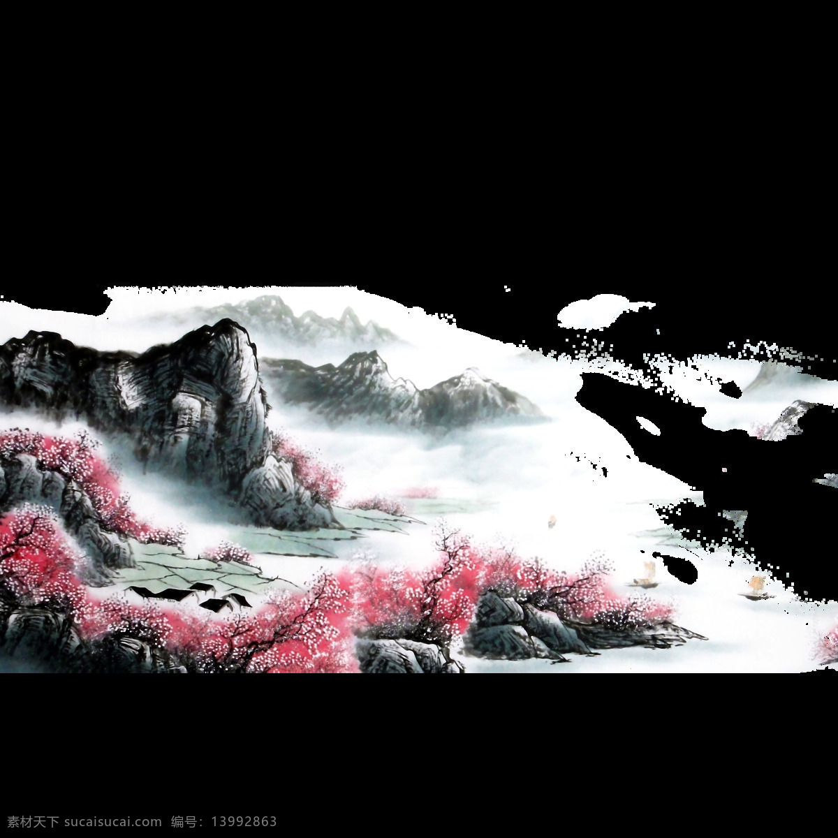 中国 风 粉色 花朵 水墨 山水 装饰 元素 粉色花朵 高山 清新秀气 山水画 装饰元素