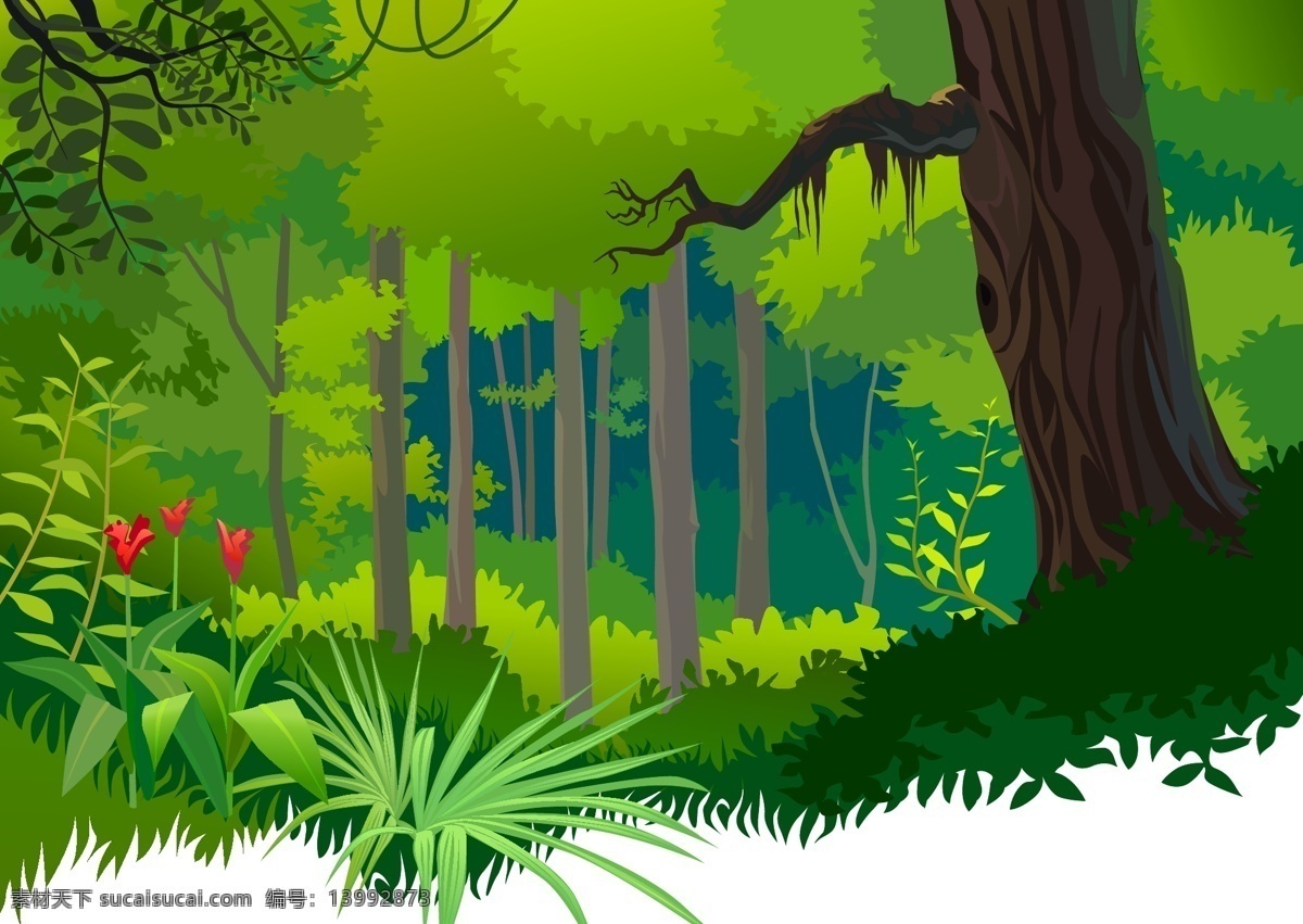 矢量 卡通 原始森林 背景 风景 海报 绿色 手绘