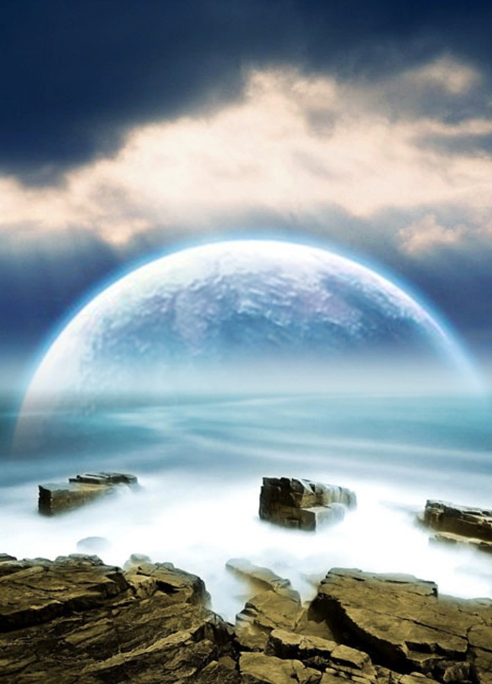 海上明月 海边 石头 明月 仙境 云 虚幻 分层