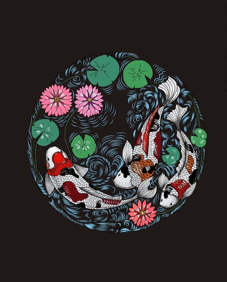 金鱼 鲤鱼 矢量图 服装设计 男装设计 女装设计 童装设计 服装图案 箱包图案 服装印花 箱包印花 男装印花 女装印花 童装印花 潮流服装印花 潮牌设计 印花图案 绣花图案 纹身图案 传统纹身 纹身 纹身画稿 鲤鱼纹身 鲤鱼纹身图案 花朵 红鲤鱼 金鲤鱼 荷叶 荷花 假山 莲花 共享素材2