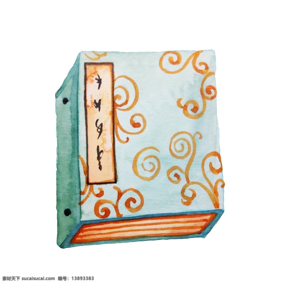 古代 花纹 书卷 插画 蓝色 字体 复古 纹路 橙色