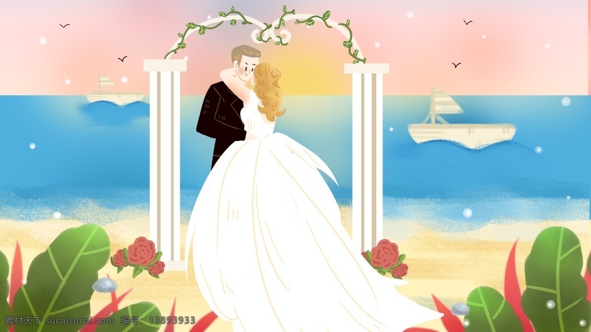 海边 婚礼 婚纱 结婚 新郎 新娘 沙滩 大海 帆船