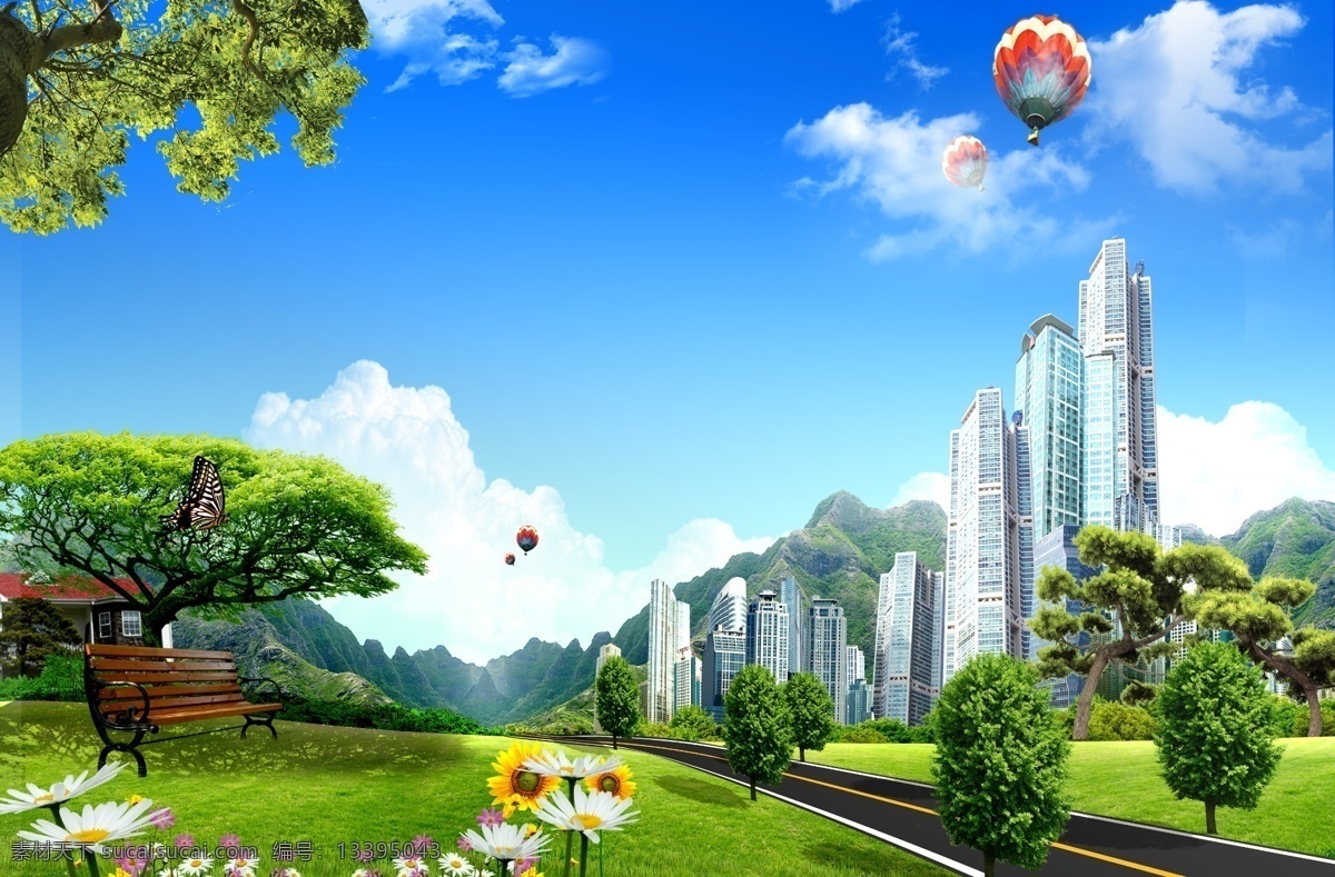 分层 白云 春天 大树 房产广告 风景 风景树 高楼大厦 社会发展 模板下载 蓝天草地 建筑 群山 高速路 绿化 环保 林木 热气球 松柏树 柏油路 洋房 鲜花 户外广告 源文件库 装饰素材 园林景观设计