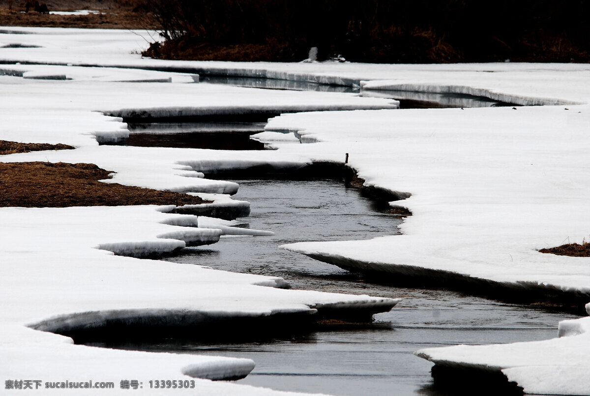 春天 风景 小河 雪地 自然风景 自然景观 融化 根河市 冰层 psd源文件
