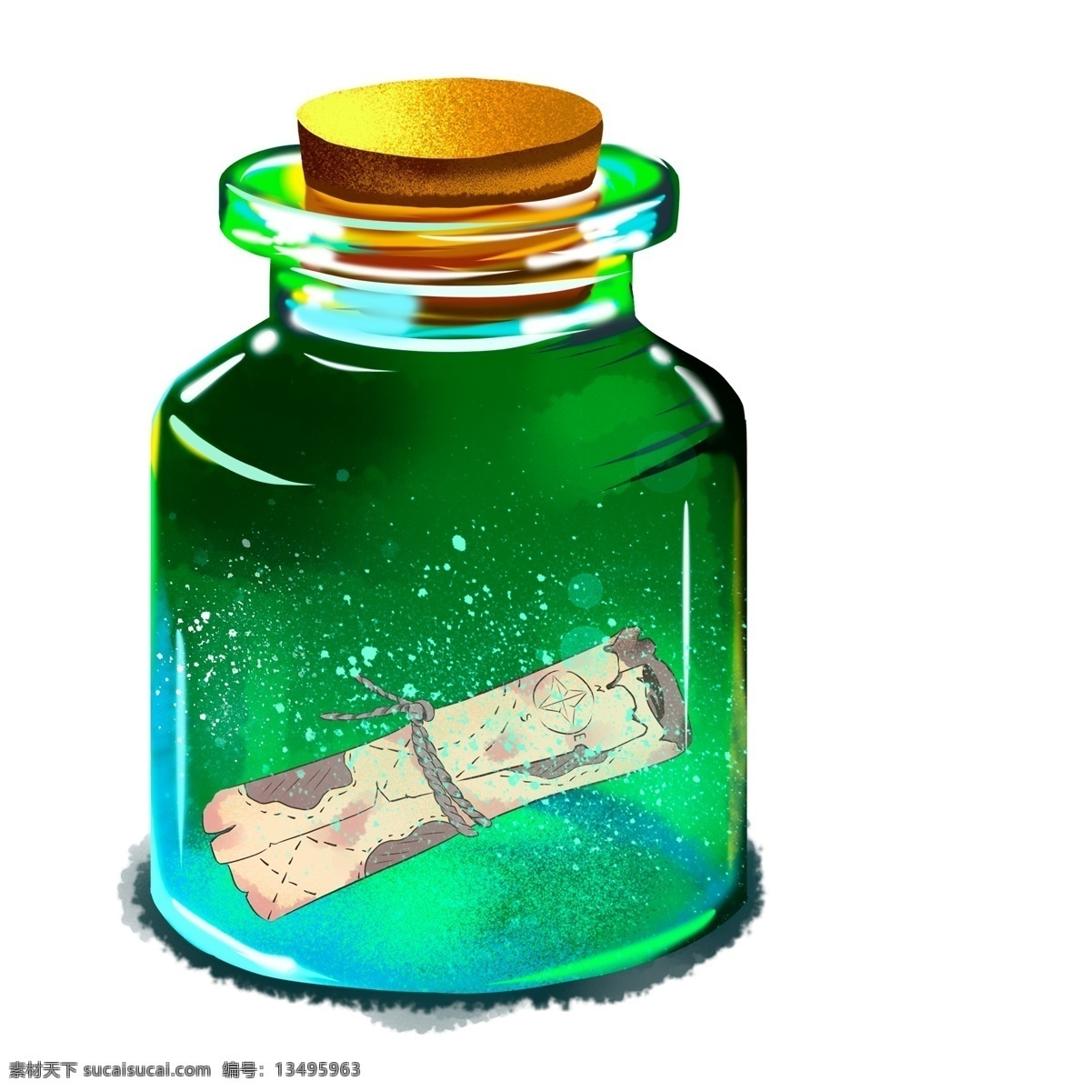 梦幻 漂流 瓶 许愿 纸 元素 绿色 手绘 治愈系 插画 许愿纸 漂流瓶 瓶子 玻璃瓶