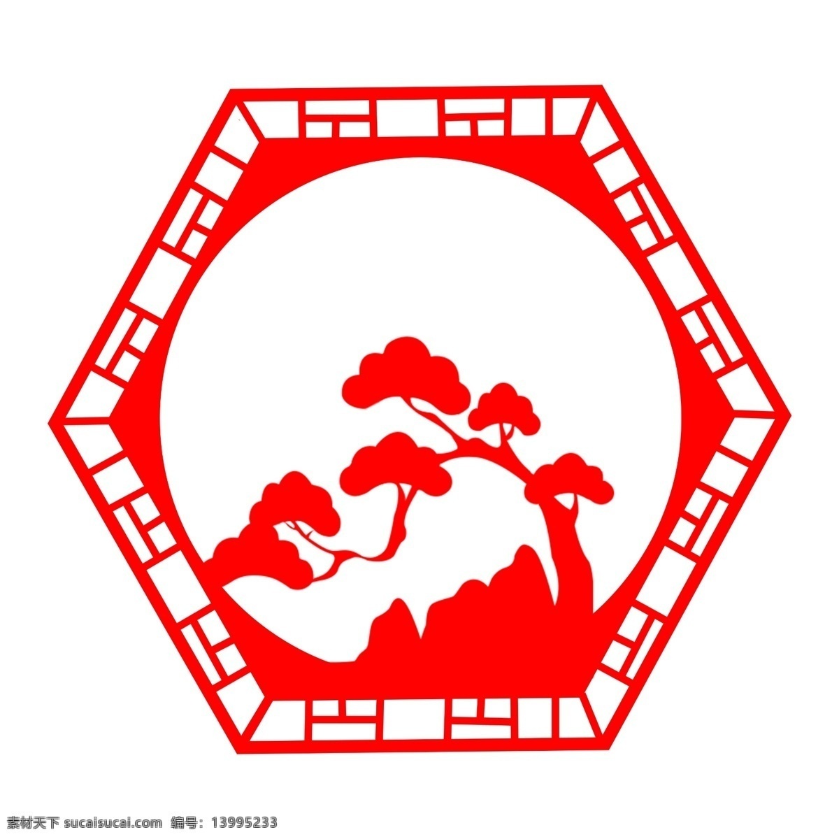 元旦 新年 窗花 剪纸 红色 松树 大红 中国红 分层免抠 盆景