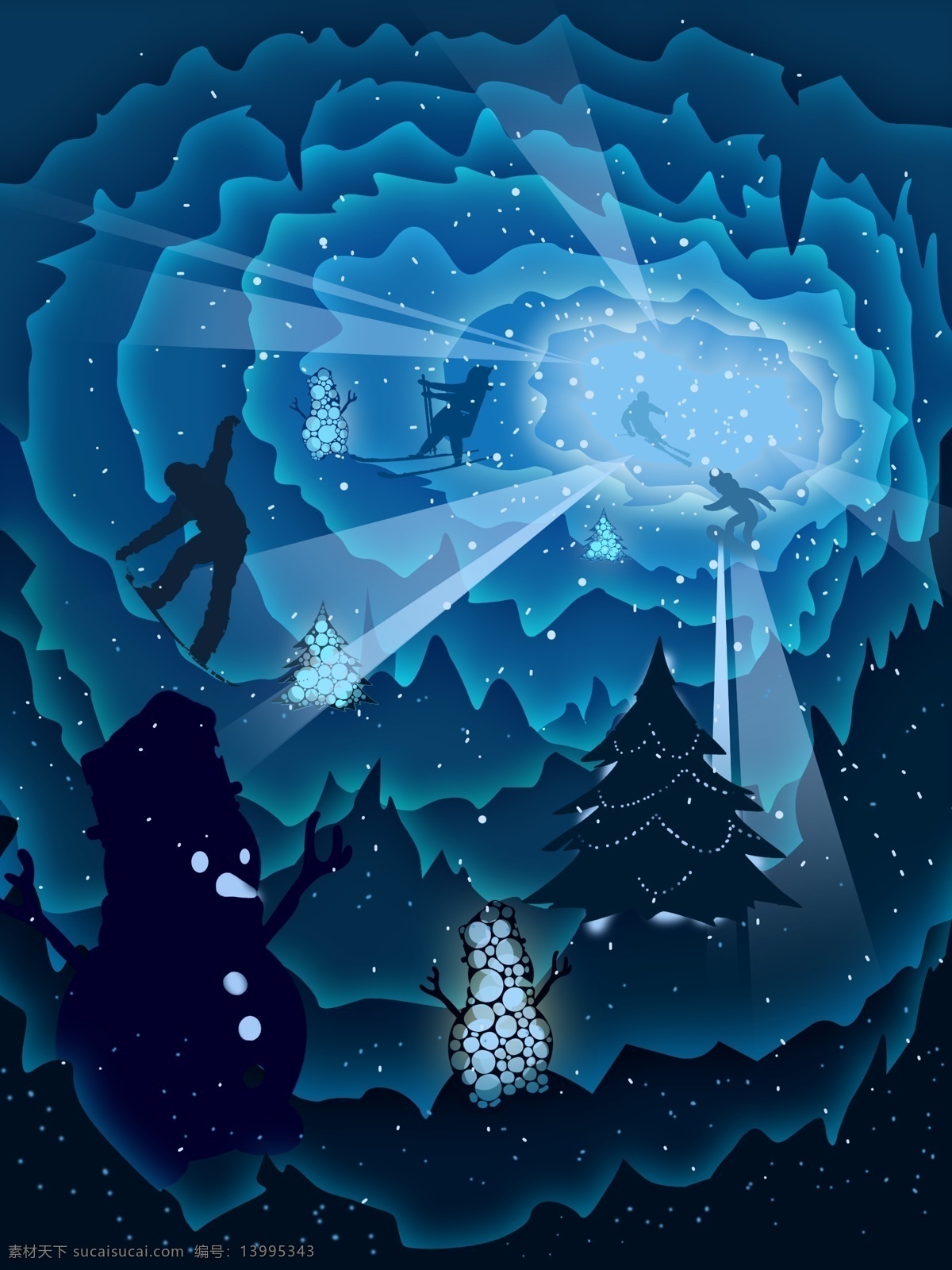 滑雪 星空 剪纸 风 大学生 龙洞 光束 人物 壁纸 海报背景 渐变 剪纸风 雪人 原创插画 背景配图 树