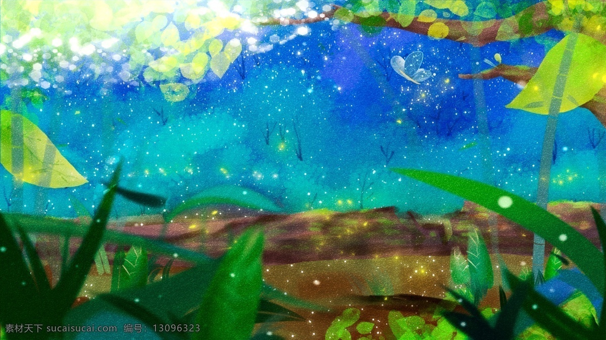手绘 梦幻 森林 树干 背景 背景素材 卡通背景 手绘背景 插画背景 广告背景 psd背景